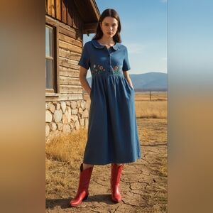 VTG Bobbie Brooks Blue Denim Floral Embroidered Midi Dress Cottage/Granny Core